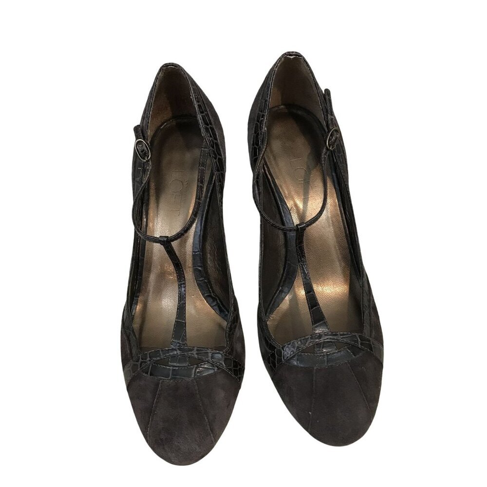 Ann Taylor Loft Brown Suede & Faux Croc Leather T-Strap Heels Size 6.5 Flapper